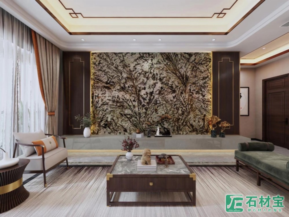奢石天然电视墙面背景墙孔雀开屏