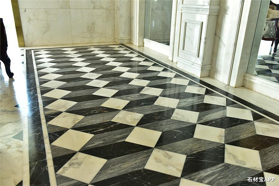 高管楼一楼大厅地面拼花(树化玉、丝绸白、午夜星河)