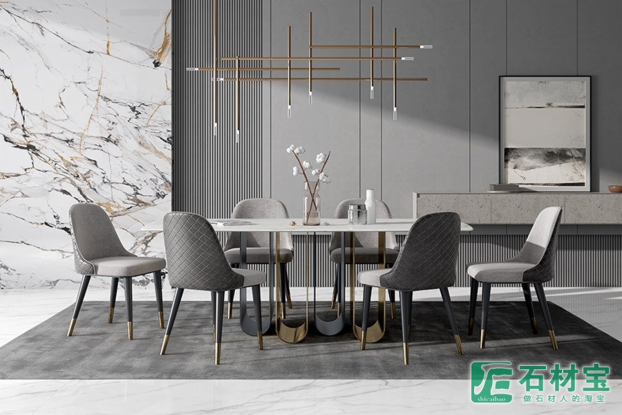 左边背景墙鎏金岁月+餐桌银川+地板雪花白-效果图