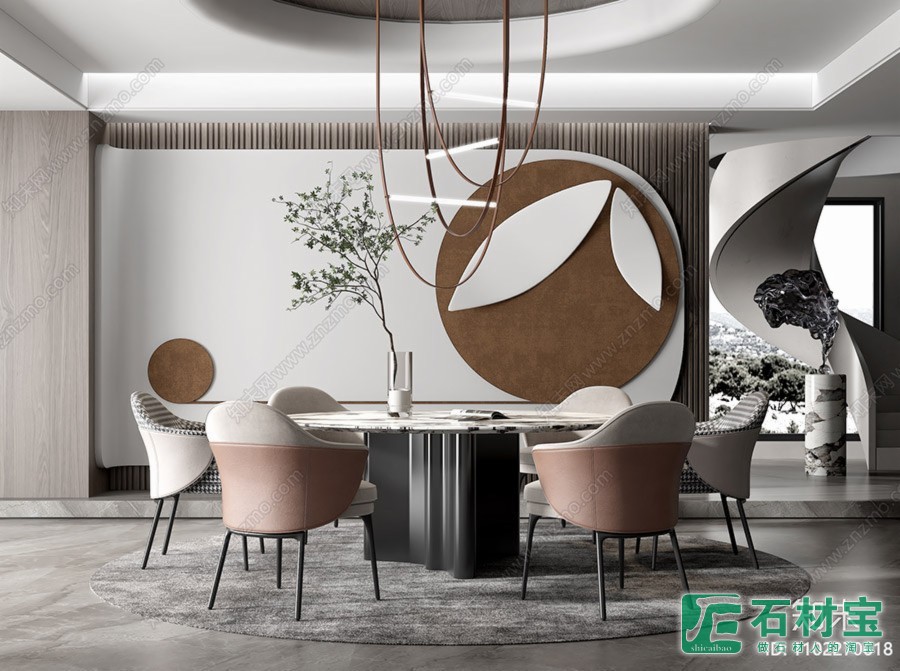 背景墙雪花白(亮哑）+餐桌鎏金岁月（亮面）+地板银川（哑面）-效果图