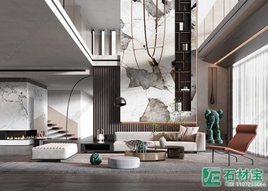 背景墙卡塔白+茶几鎏金岁月+旁边火炉卡塔白+地面克雷沃拉-效果图