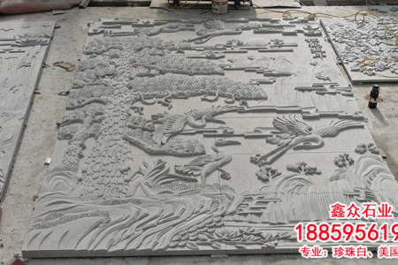 珍珠白美国白金金点白金松鹤延年浮雕庭院景墙石雕壁画