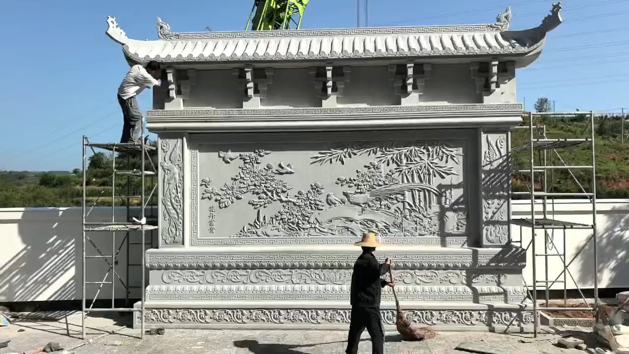 山西晋城别墅石雕照壁顺利安装完成
